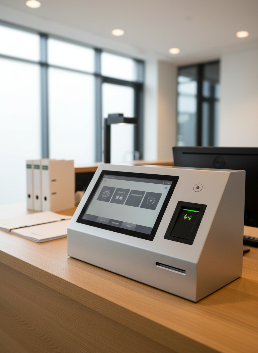 A compact self-service kiosk counter solution in a bright corporate reception area, featuring a wide touchscreen flush-mounted into a brushed aluminum housing, with an integrated POS card reader and contactless symbol, plus a small built-in receipt slot below. The kiosk sits on a light oak reception desk with a minimalist arrangement of folders and a monitor stand in the background, intentionally blurred. Soft, diffused daylight enters from large windows to the left, mixing with subtle recessed ceiling lights to create a professional, welcoming atmosphere. Captured from a slightly elevated three-quarter angle with sharp focus on the kiosk, the photographic image highlights the unified kiosk, point-of-sale, and payment terminal integration in a clean, businesslike setting.