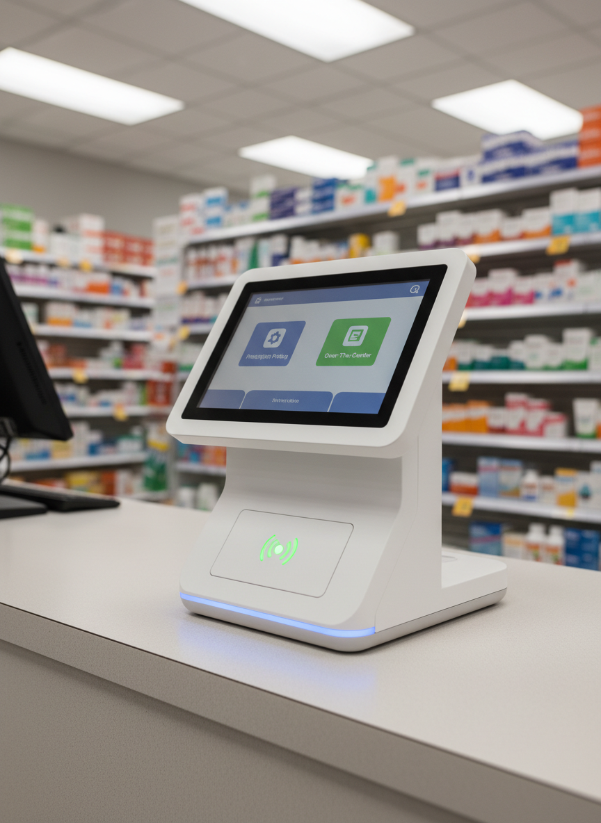 A compact tabletop self-service kiosk integrated into the checkout counter of a small neighborhood pharmacy, featuring a tilted touchscreen panel, embedded chip-and-PIN/card-tap terminal, and a subtle LED status strip along the edge. The unit is finished in satin white plastic with a textured, non-slip base, resting on a clean laminate counter with neatly organized, out-of-focus pharmacy shelves behind. Bright, neutral fluorescent lighting provides even illumination across the kiosk’s surfaces, with gentle shadows indicating depth and form. Photographic realism at a close-up, three-quarter angle emphasizes the practical, space-saving integration of kiosk, POS, and payment terminal in a serious, health-focused retail environment, avoiding any playful decorative elements while still feeling accessible and efficient.