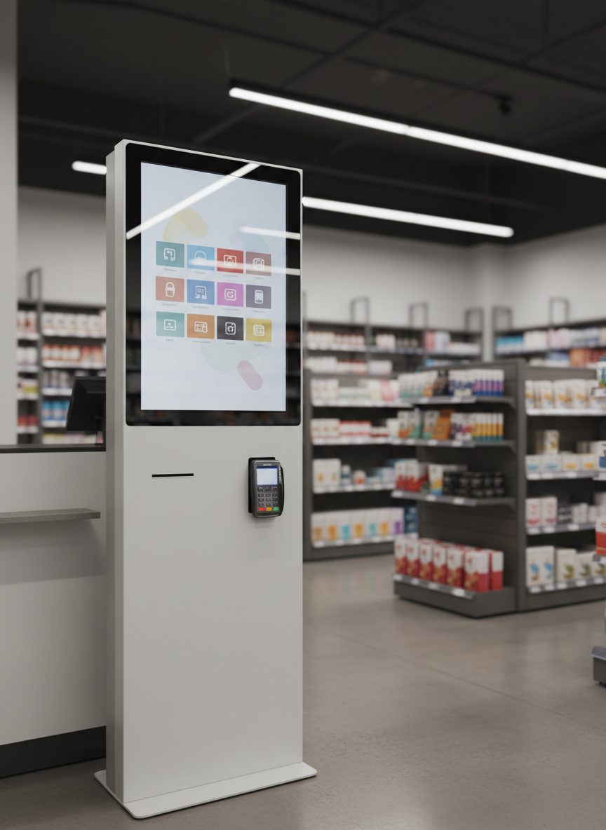 A sleek, freestanding self-service kiosk with a tall matte-white metal body, large vertically oriented touchscreen displaying a clean, icon-based menu (no readable text), and integrated card payment terminal seamlessly embedded on the right side. The kiosk stands near the checkout area of a modern retail store, surrounded by neutral-toned shelving and neatly arranged products, all slightly out of focus. Cool, even overhead LED lighting creates crisp reflections on the glass screen and subtle shadows on the floor. Shot at eye level with photographic realism and a clean, modern aesthetic, the composition uses the rule of thirds, emphasizing the kiosk as a professional, efficient point-of-sale solution in a real-world business environment.