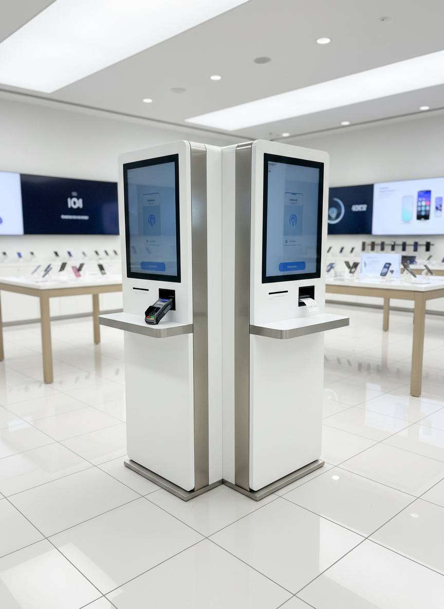 A dual-sided self-service kiosk island in the center of a bright, modern electronics store, each side featuring a large anti-glare touchscreen, integrated card terminal with illuminated contactless icon, and slim receipt dispenser slot. The kiosk’s body is finished in smooth white composite with brushed-steel trim, standing on a reflective porcelain tile floor. Around it, softly blurred display tables with devices and wall-mounted screens suggest a high-tech retail environment. Strong but diffused ceiling panel lights ensure uniform illumination, creating crisp, professional reflections without harsh shadows. Shot from a slightly elevated wide angle in photographic realism, the composition highlights the kiosk as the central, efficient hub for self-checkout and payments, reinforcing a technologically advanced, business-focused atmosphere.