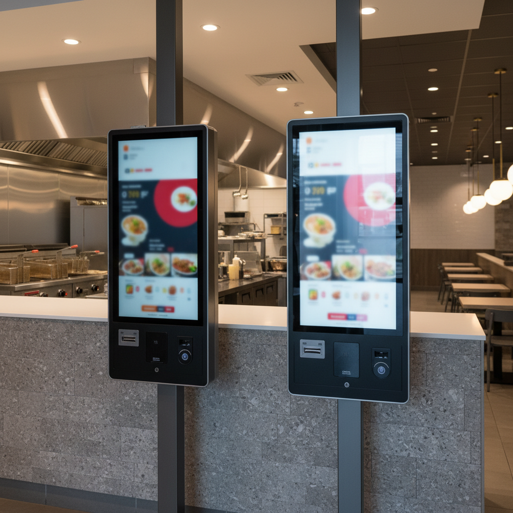 A row of two self-service kiosks installed along a wall in a contemporary quick-service restaurant interior, each unit featuring a slim dark-gray metal frame, edge-to-edge touchscreen with vivid menu imagery (no legible text), and a built-in POS payment module with chip, swipe, and contactless areas. The kiosks are mounted above a durable, stone-look base panel, with the open kitchen and stainless-steel equipment softly blurred in the background. Warm pendant lights over the dining area combine with recessed ceiling lighting to create balanced, neutral illumination. Photographic realism, shot from a wide-angle side perspective, showcases the kiosks as the primary focus while hinting at real-world food service operations, conveying efficiency and a professional, high-traffic environment.