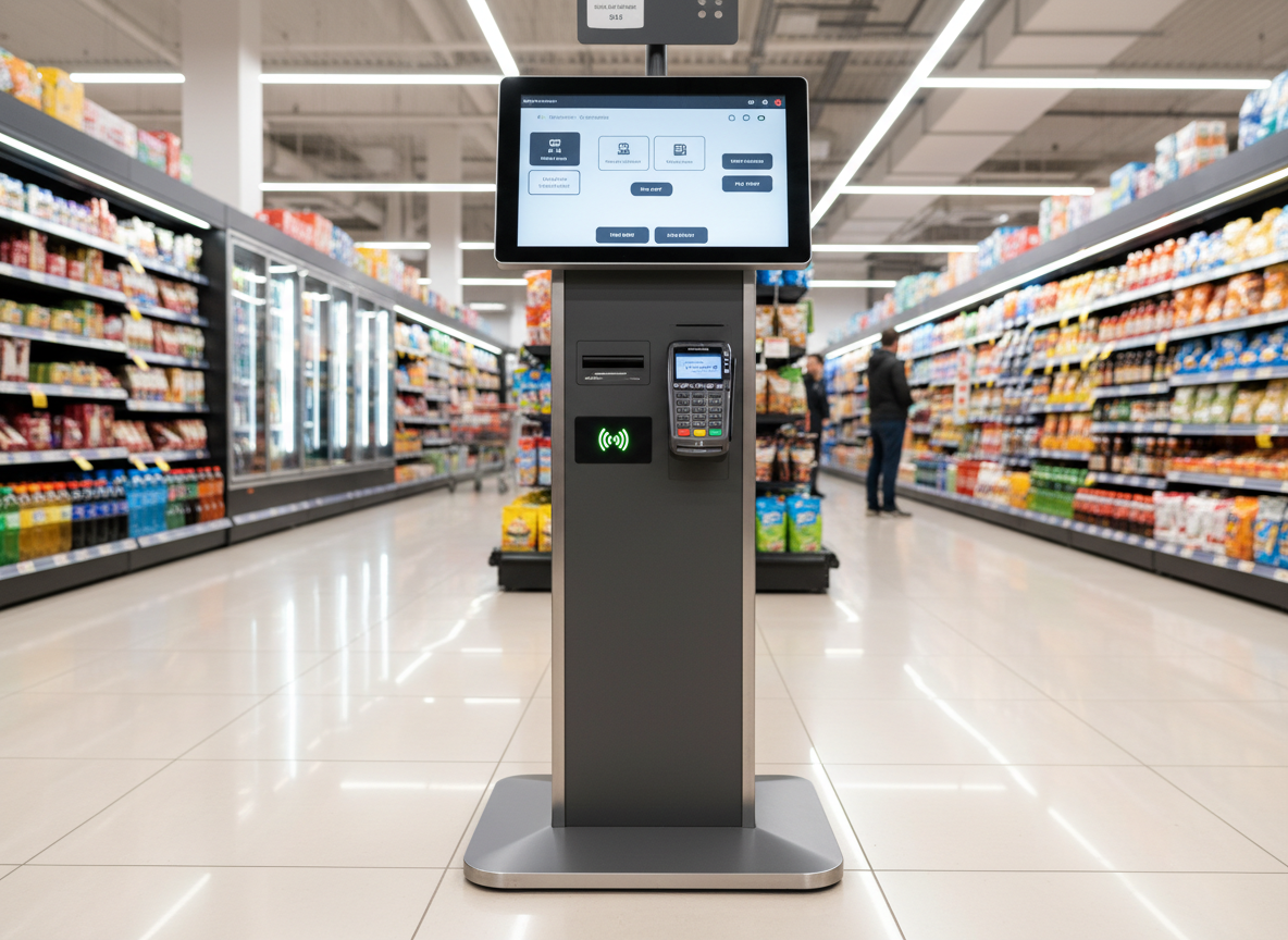 A robust self-service kiosk designed for a busy supermarket entrance, featuring a sturdy charcoal-gray metal pedestal, large horizontal touchscreen with a clean interface layout, and a prominently integrated all-in-one POS payment terminal with keypad, color display, and contactless indicator. Around the kiosk, slightly out-of-focus aisles of packaged goods, refrigerated cases, and a polished tile floor suggest a high-volume retail setting. Bright, even supermarket ceiling lighting reflects off the screen and the kiosk’s subtle brushed-metal accents. Captured at a low, slightly upward angle in photographic realism, the composition centers the kiosk while allowing depth into the store, communicating reliability, speed, and a professional, no-nonsense self-service experience.