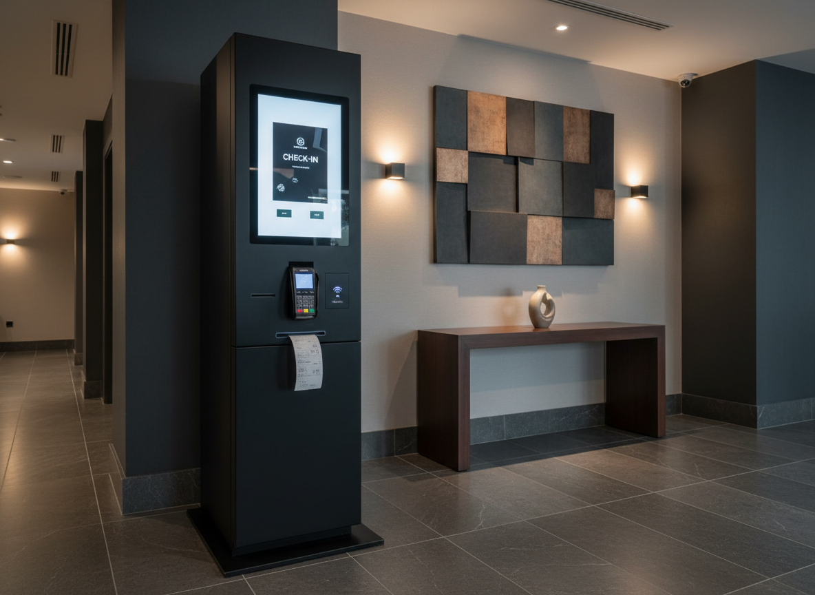A self-service kiosk station in a modern hotel lobby business corner, consisting of a tall, slim, matte-black tower with integrated touchscreen, POS payment terminal, and a discreet printer compartment at the base. The kiosk stands on a dark stone floor beside a minimalist console table and abstract decorative wall panel, all rendered with understated elegance. Soft, warm lighting from wall sconces combines with gentle overhead downlights, creating subtle highlights on the kiosk’s edges and a calm, professional atmosphere. Photographic realism with an eye-level, slightly off-center composition emphasizes the kiosk as a refined, fully integrated check-in and payment point, suitable for premium hospitality environments without any casual or playful visual elements.